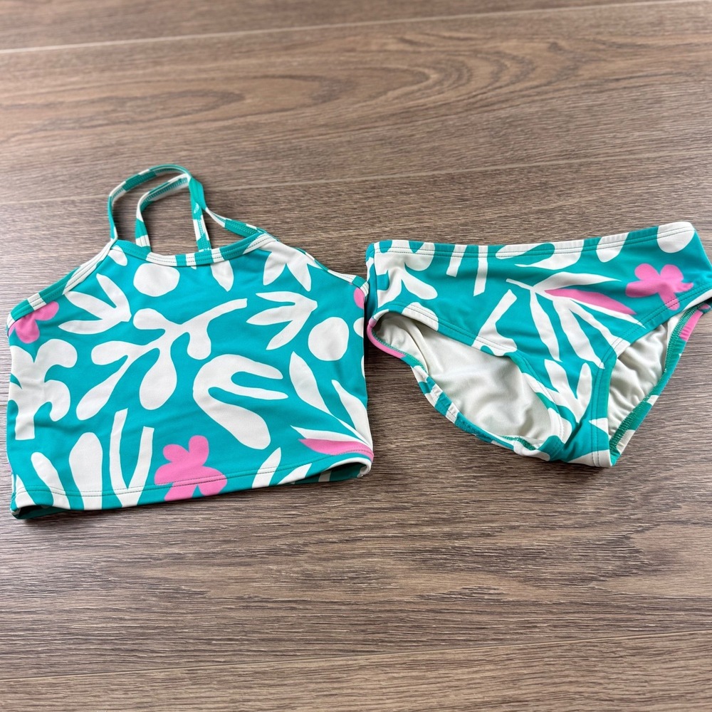 Hanna Andersson Kids Teal Floral 2 Piece Bathing Suit Size 120 6/7 Summer Beach